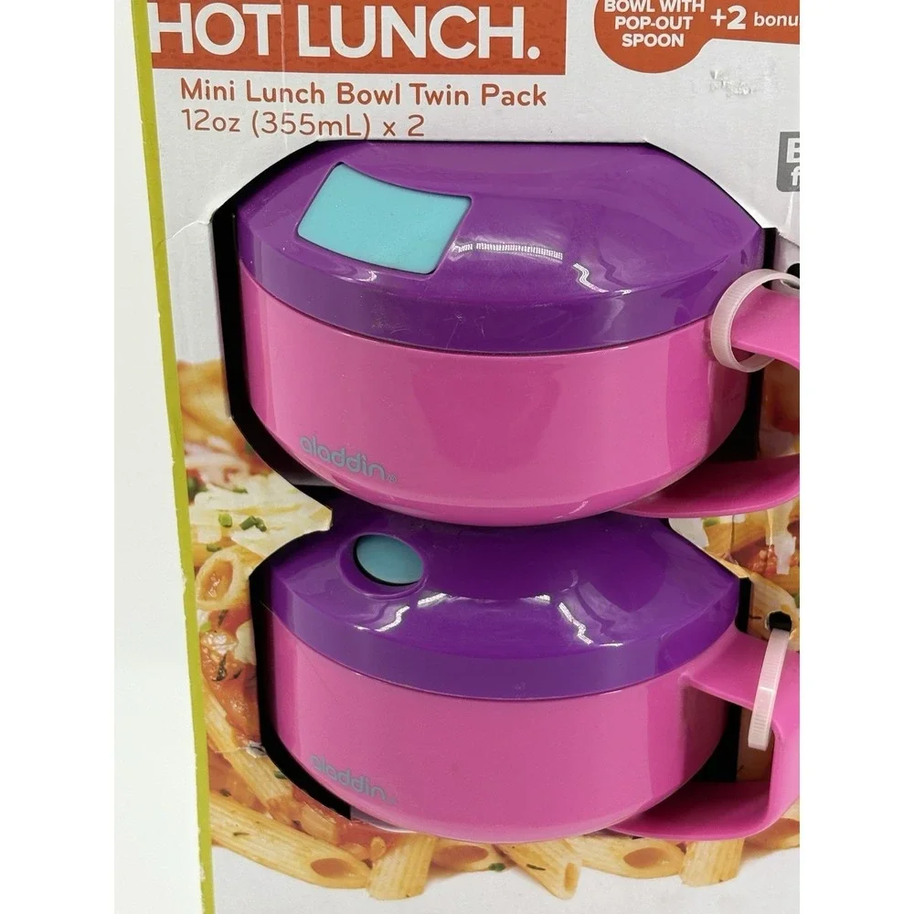 Aladdin 2 Pack Mini Lunch Bowl Built-In Spoon Holder 12 Oz Brand New Pink Purple